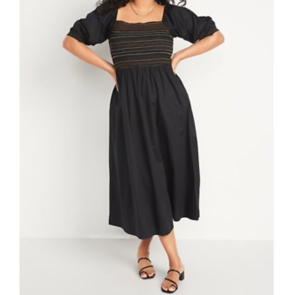 NWOT Old Navy 4X Puff Sleeve Midi Dress Black Smocked with Pockets - Picture 2 of 13